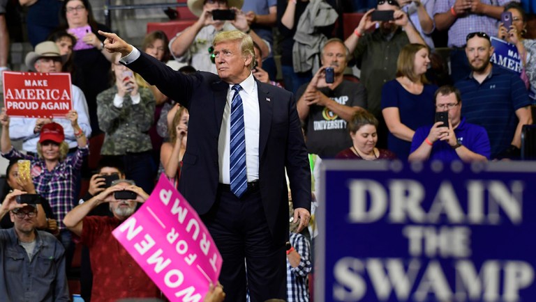 President Trump reacts to the crowd as he finishes his speech at a rally in Billings, Mont.