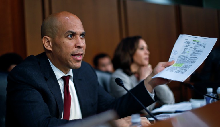 Sen. Cory Booker, D-N.J., questions witnesses before the Senate Judiciary Committee during the final stage of the confirmation hearing for President Trump's Supreme Court nominee, Brett Kavanaugh, on Capitol Hill in Washington on Friday.