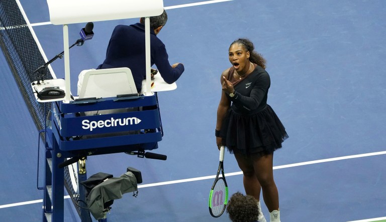 Serena Williams argues with the chair umpire during a match against Naomi Osaka, of Japan, during the women's finals of the U.S. Open tennis tournament at the USTA Billie Jean King National Tennis Center, Saturday, Sept. 8, 2018, in New York. 