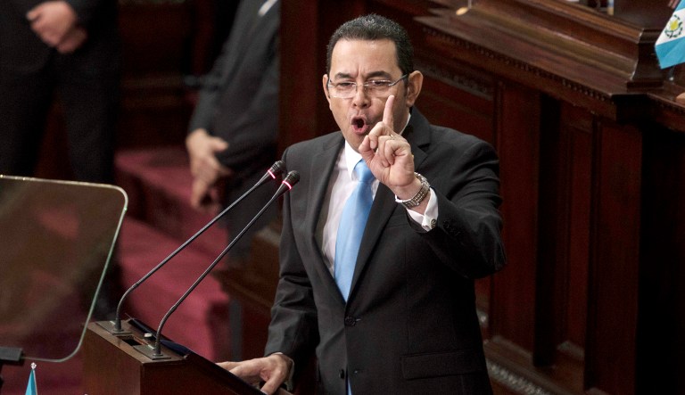 Guatemalan President Jimmy Morales delivers his speech during a session to celebrate the country's independence in Guatemala City.