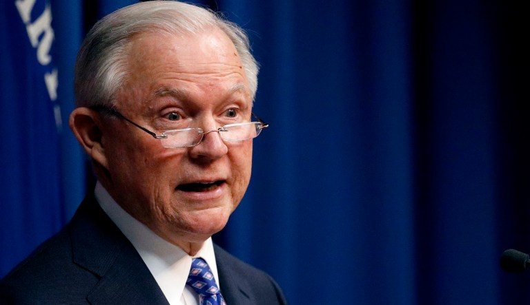 Attorney General Jeff Sessions talks about efforts to combat violent crime during a stop at the U.S. Attorney's Office Thursday, Sept. 13, 2018, in Kansas City, Mo.