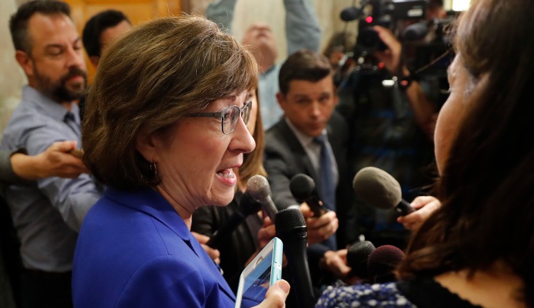 Sen. Susan Collins, R-Maine, speaks to members of the media outside her office on Capitol Hill in Washington, D.C.