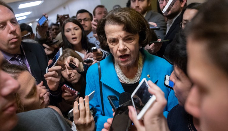 Sen. Dianne Feinstein, D-Calif., the ranking member on the Senate Judiciary Committee, responds to reporters' questions on Supreme Court nominee Brett Kavanaugh amid scrutiny of a woman's claim he sexually assaulted her at a party when they were in high school, on Capitol Hill in Washington, Tuesday, Sept. 18, 2018.