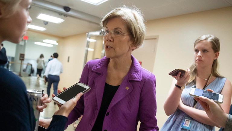 Sen. Elizabeth Warren, D-Mass., responds to reporters' questions on Supreme Court nominee Brett Kavanaugh.
