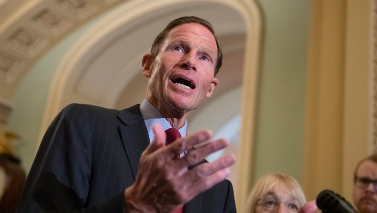 Sen. Richard Blumenthal, D-Conn., speaks with reporters about Supreme Court nominee Brett Kavanaugh following a Democratic weekly policy meeting at the Capitol in Washington, Sept. 18, 2018.