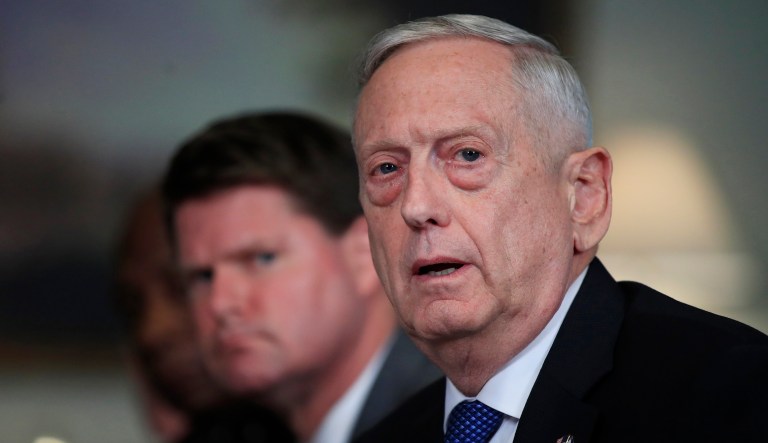 Defense Secretary Jim Mattis responds to a reporter's question during a meeting with and Philippine Secretary of National Defense Delfin Lorenzana at the Pentagon, Sept. 18, 2018. 