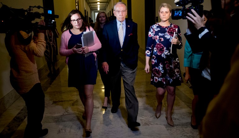 Senate Judiciary Committee Chairman Chuck Grassley, R-Iowa, departs after speaking to reporters on Capitol Hill, Wednesday, Sept. 19, 2018, in Washington. Christine Blasey Ford wants the FBI to investigate her allegation that she was sexually assaulted by Supreme Court nominee Brett Kavanaugh before she testifies at a Senate Judiciary Committee hearing next week.