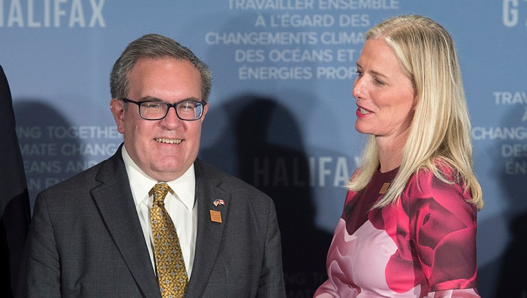 Canadian Environment Minister Catherine McKenna, right, talks with Andrew Wheeler, the acting administrator of the United States Environmental Protection Agency, at the G7 environment, oceans and energy ministers meeting.
