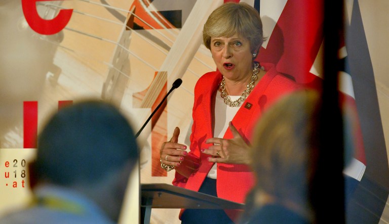 British Prime Minister Theresa May speaks during a press conference after the informal EU summit in Salzburg, Austria, Thursday, Sept. 20, 2018.