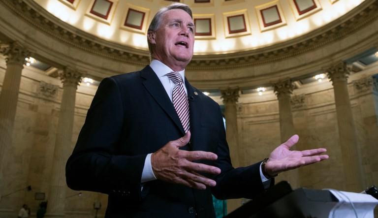 Sen. David Perdue, R-Ga., responds to questions about President Donald Trump's Supreme Court nominee, Brett Kavanaugh, during a TV news interview on Capitol Hill in Washington, Thursday, Sept. 20, 2018.