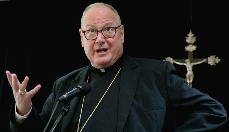 Cardinal Timothy Dolan addresses a news conference at the offices of the New York Archdiocese in New York.