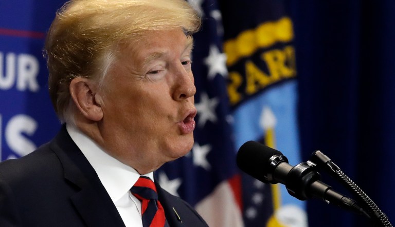 In this Sept. 21, 2018, photo, President Donald Trump speaks at a spending bill signing ceremony at VA Southern Nevada Healthcare System  in Las Vegas.