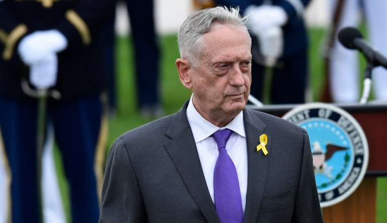 Defense Secretary Jim Mattis walks back to his seat after speaking during the 2018 POW/MIA National Recognition Day Ceremony at the Pentagon in Washington, Friday, Sept. 21, 2018.