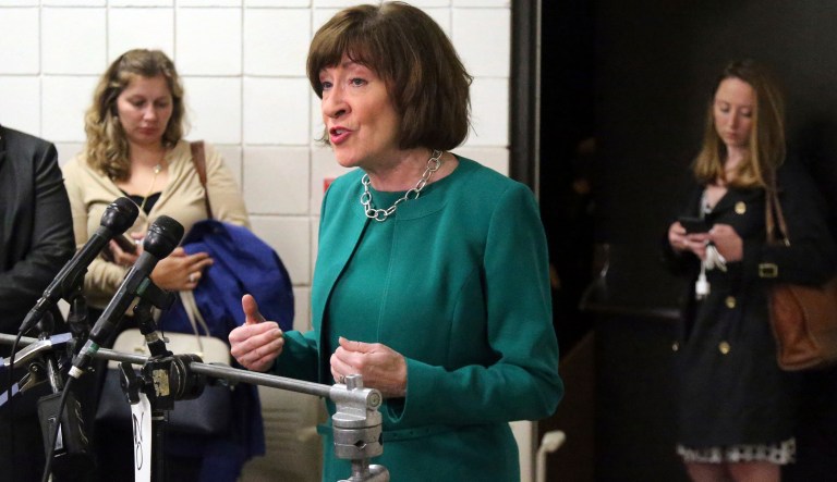 U.S. Sen. Susan Collins, R-Maine, considered one of the few possible Republican "no" votes on Supreme Court nominee Brett Kavanaugh, speaks to news media at Saint Anselm College, Friday, Sept. 21, 2018, in Manchester, N.H.