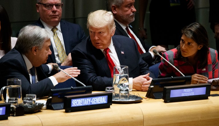 President Trump and U.S. Ambassador to the United Nations Nikki Haley talk with United Nations Secretary-General Antonio Guterres at the United Nations General Assembly, Sept. 24, 2018, at U.N. Headquarters.