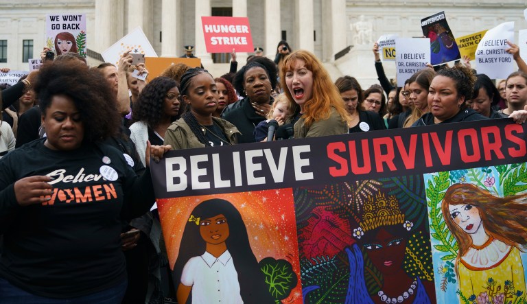 Protesters with Women's March and others gather in front of the Supreme Court on Capitol Hill in Washington, Monday, Sept. 24, 2018. A second allegation of sexual misconduct has emerged against Judge Brett Kavanaugh, a development that has further imperiled his nomination to the Supreme Court, forced the White House and Senate Republicans onto the defensive and fueled calls from Democrats to postpone further action on his confirmation. President Donald Trump is so far standing by his nominee.