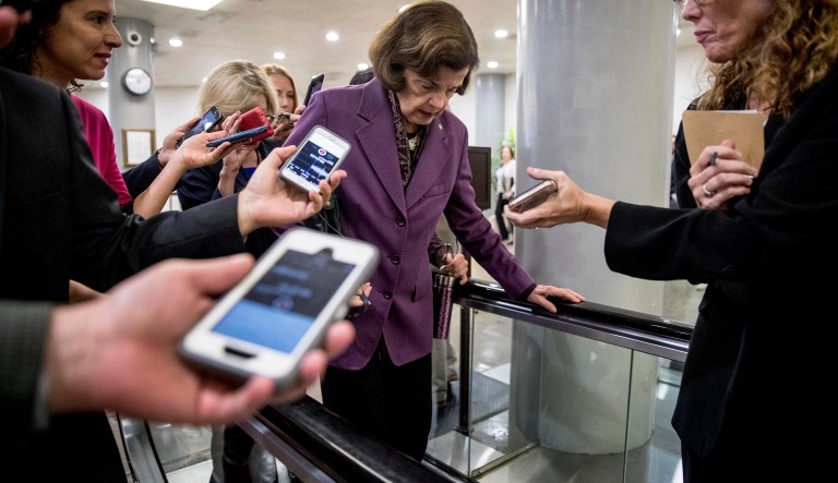 Sen. Dianne Feinstein, D-Calif., walks through the Senate Subway as she arrives for a policy luncheon on Capitol Hill in Washington, Tuesday, Sept. 25, 2018.