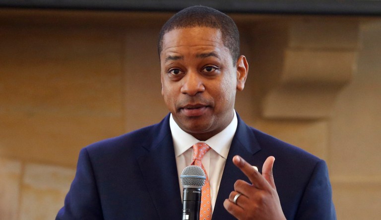 Virginia Lt. Gov. Justin Fairfax gestures during a speech.