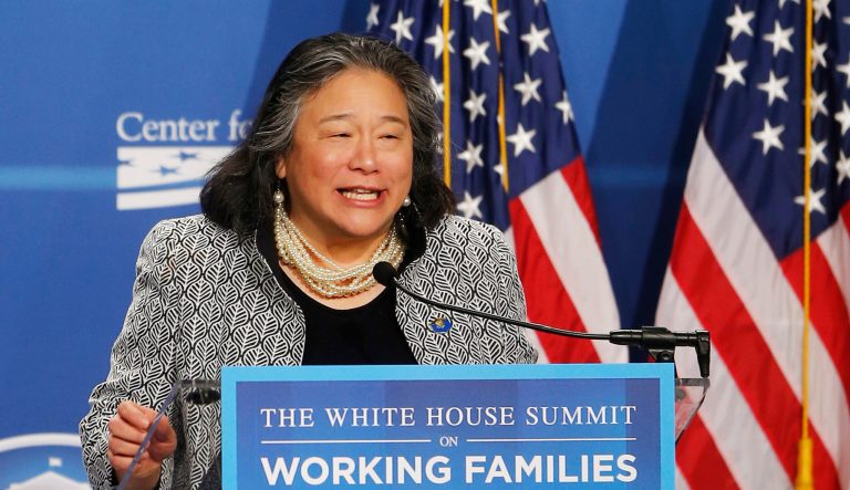 In this June 23, 2014 photo, Tina Tchen, chief of staff to first lady Michelle Obama, speaks at The White House Summit on Working Families at a hotel in Washington. 