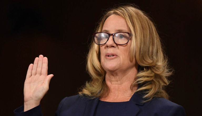 Christine Blasey Ford is sworn in to testify before the Senate Judiciary Committee on Capitol Hill in Washington, D.C., on Thursday, Sept. 27, 2018.
