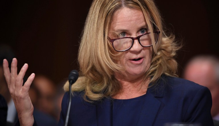 Christine Blasey Ford testifies to the Senate Judiciary Committee on Capitol Hill in Washington, Thursday, Sept. 27, 2018.