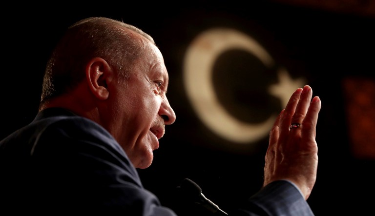 Turkish President Recep Tayyip Erdogan talks during an event.