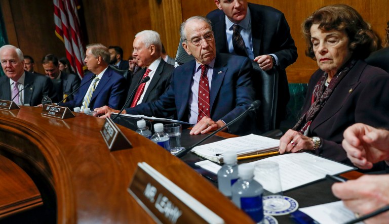 Senate Majority Whip Sen. John Cornyn, R-Texas, Sen. Lindsey Graham, R-S.C., Sen. Orrin Hatch, R-Utah, Senate Judiciary Committee Chairman Chuck Grassley of Iowa, and Ranking Member Sen. Dianne Feinstein, D-Calif., gather before a Senate Judiciary Committee meeting Friday in Washington, D.C.