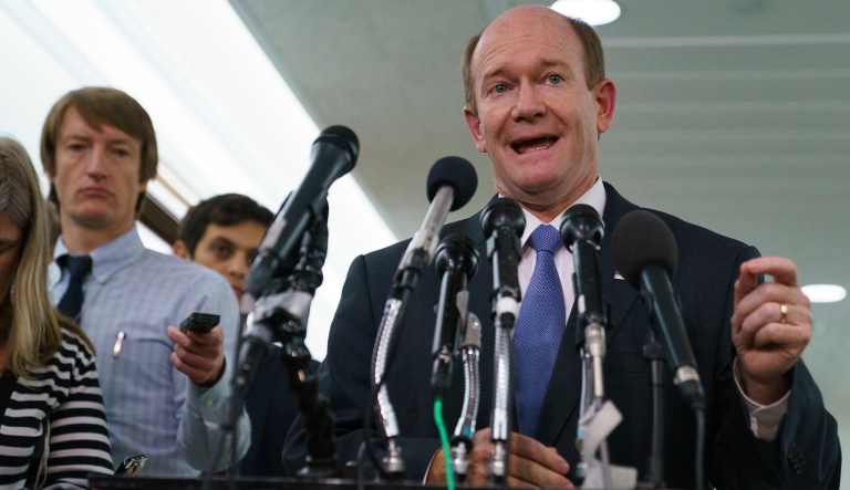 Senate Judiciary Committee member Sen. Chris Coons, D-Del., talks to media after a Senate Judiciary Committee hearing on Capitol Hill in Washington, Friday, Sept. 28, 2018. After a flurry of last-minute negotiations, the Senate Judiciary Committee advanced Brett Kavanaugh's nomination for the Supreme Court after agreeing to a late call from Sen. Jeff Flake, for a one week investigation into sexual assault allegation against the high court nominee.
