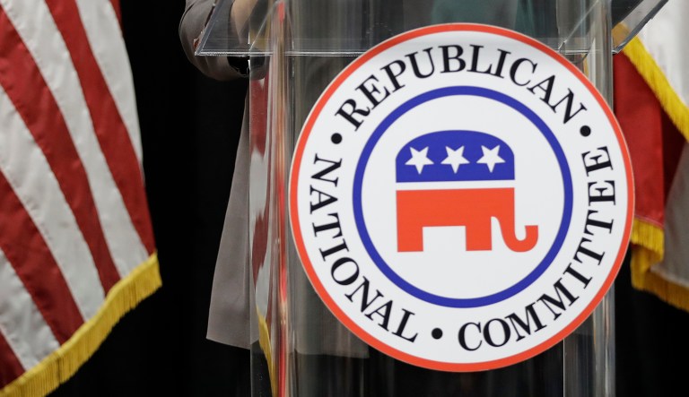 A Republican National Committee sign is seen as Chairwoman Ronna McDaniel speaks in North Carolina.