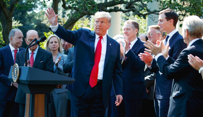 President Trump speaks during a news conference on trade among the United States, Canada, and Mexico in the Rose Garden of the White House in Washington. 