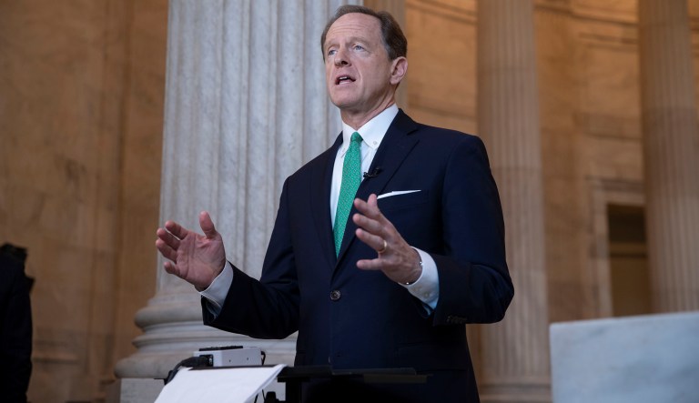 Sen. Pat Toomey, R-Pa., discusses President Donald Trump's revamped North American trade agreement with Canada and Mexico during a television news interview on Capitol Hill in Washington, Tuesday, Oct. 2, 2018.