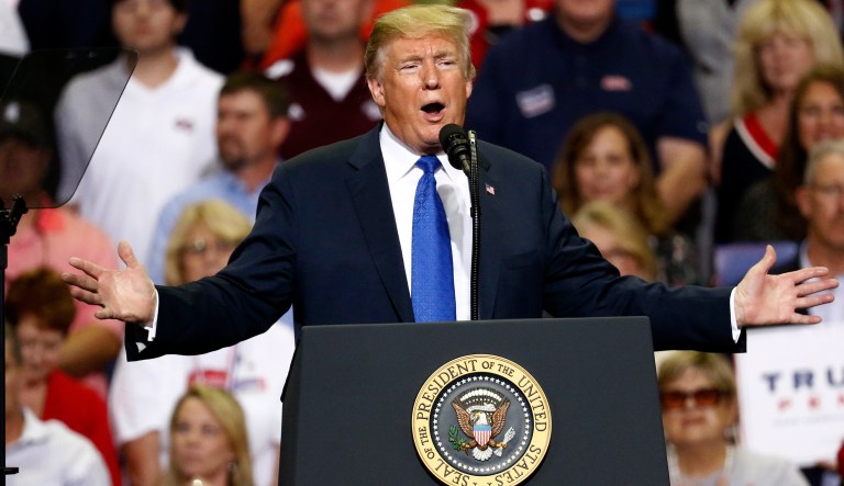 President Donald Trump speaks during a campaign rally at the Landers Center Arena, Tuesday, Oct. 2, 2018, in Southaven, Miss.