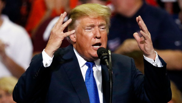 President Trump gestures as he speaks at a rally.