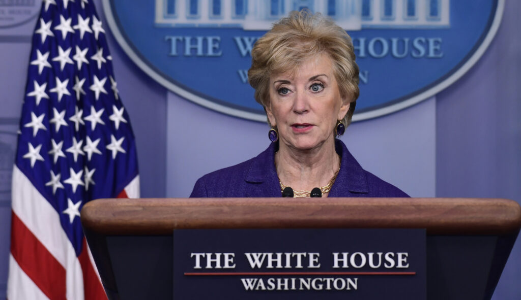 Small Business Administrator Linda McMahon speaks during a briefing at the White House in Washington, Wednesday, Oct. 3, 2018. President Donald Trump gave his quarterly White House salary to the Small Business Administion. 