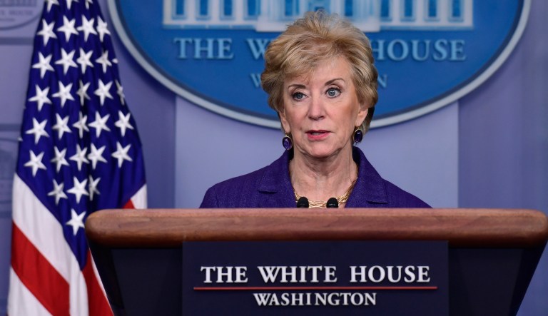 Small Business Administrator Linda McMahon speaks during a briefing at the White House in Washington, Wednesday, Oct. 3, 2018. President Donald Trump gave his quarterly White House salary to the Small Business Administion. 