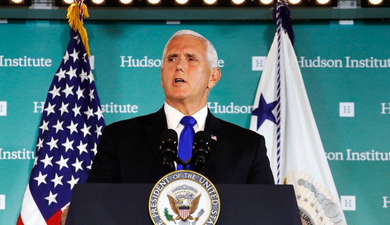 Vice President Mike Pence speaks at the Hudson Institute in Washington on Thursday, Oct. 4, 2018.