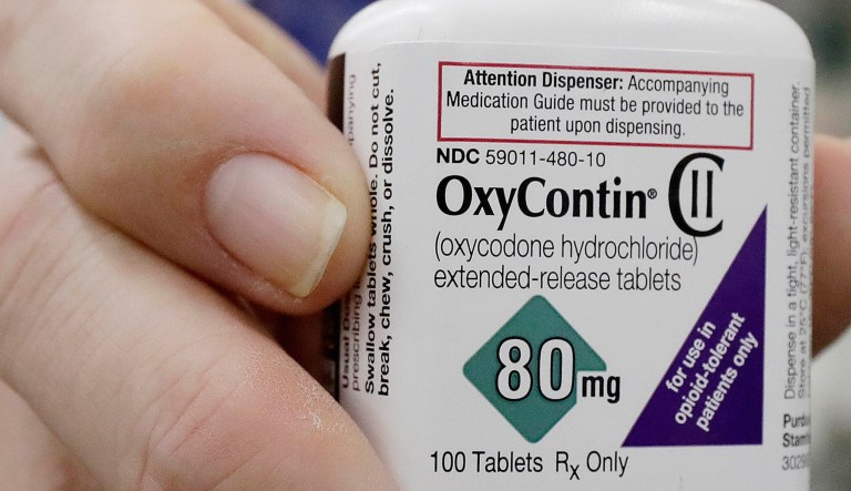 Pharmacist Steve Protzel poses for photos holding a bottle of OxyContin at Daniel's Pharmacy in San Francisco.