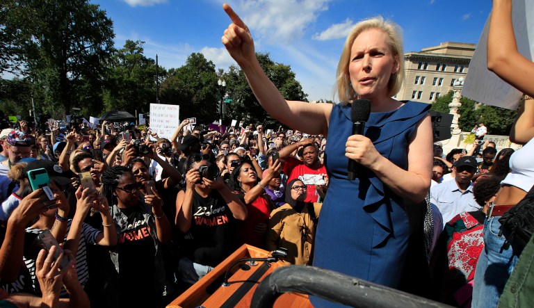 Sen. Kirsten Gillibrand, D-N.Y., speaks at a rally against Supreme Court nominee Brett Kavanaugh at the Supreme Court in Washington, Thursday, Oct. 4, 2018.