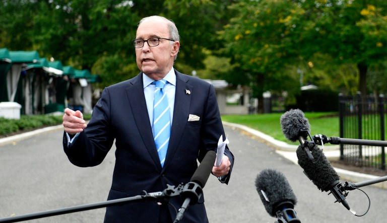 White House National Economic Council Director Larry Kudlow speaks with reporters outside the West Wing of the White House in D.C.