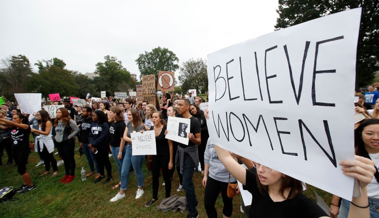 Activists demonstrate in front of the U.S. Capitol to protest the confirmation vote of Supreme Court nominee Brett Kavanaugh on Capitol Hill, Saturday, Oct. 6, 2018 in Washington.