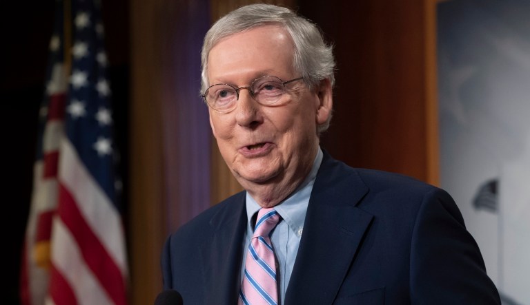 Senate Majority Leader Mitch McConnell, R-Ky., speaks to reporters following the final vote to confirm Supreme Court nominee Brett Kavanaugh, at the Capitol in Washington, Saturday, Oct. 6, 2018.