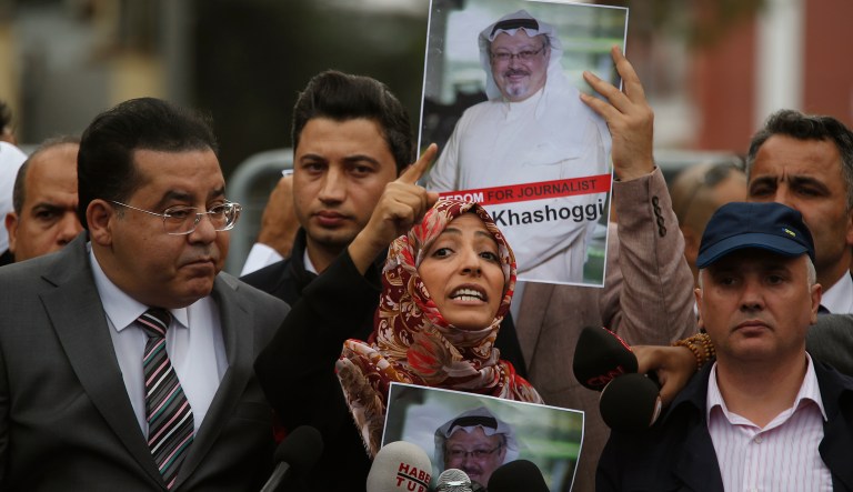 Tawakkol Karman, the Nobel Peace Prize laureate for 2011, gestures as she talks to members of the media about the disappearance of Saudi writer Jamal Khashoggi, near the Saudi Arabia consulate in Istanbul, Monday, Oct. 8, 2018. Khashoggi, 59, went missing on Oct 2 while on a visit to the consulate in Istanbul for paperwork to marry his Turkish fiancÃ©e. The consulate insists the writer left its premises, contradicting Turkish officials. He had been living since last year in the U.S. in a self-imposed exile, in part due to the rise of Prince Mohammed, the son of King Salman.