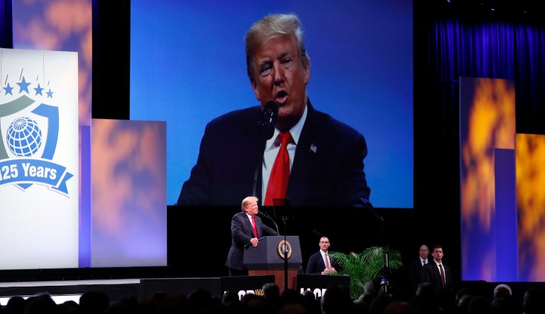 President Donald Trump speaks at the International Association of Chiefs of Police annual conference, Monday, Oct. 8, 2018, in Orlando, Fla.