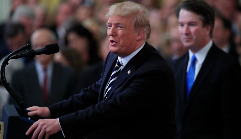 President Donald Trump speaks during the ceremonial swearing-in ceremony of Brett Kavanaugh as Associate Justice of the Supreme Court of the United States in the East Room of the White House in Washington, Monday, Oct. 8, 2018.