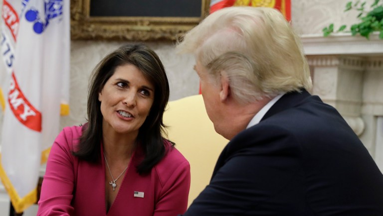 Then-President Donald Trump meets with outgoing U.S. Ambassador to the United Nations Nikki Haley in the Oval Office.