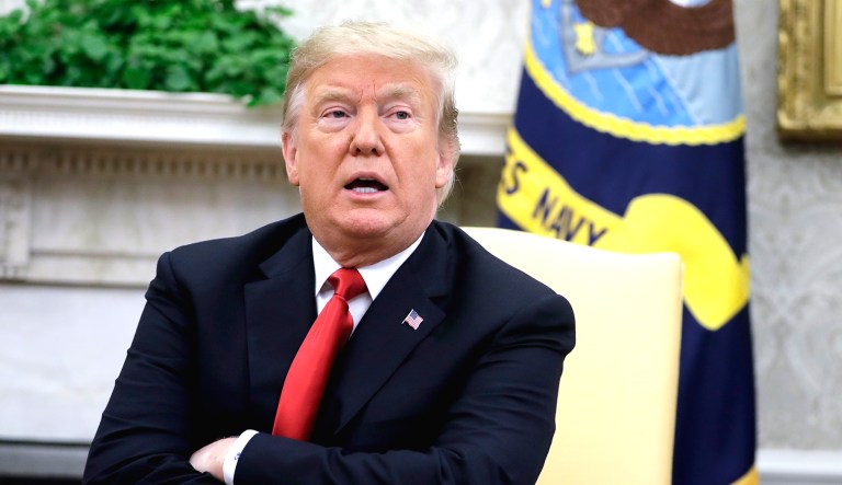 President Trump talks in the Oval Office of the White House in D.C.