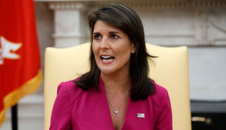 Outgoing U.S. Ambassador to the United Nations Nikki Haley speaks during a meeting with President Donald Trump in the Oval Office of the White House, Tuesday, Oct. 9, 2018, in Washington.