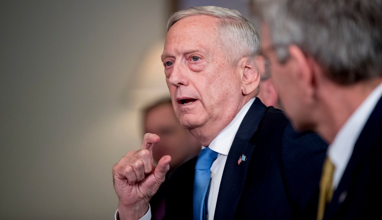 Defense Secretary Jim Mattis speaks to reporters during a meeting with Greek Defense Minister Panagiotis Kammenos at the Pentagon, Tuesday, Oct. 9, 2018, in Washington.