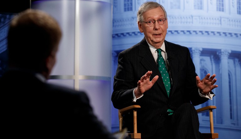 Senate Majority Leader Mitch McConnell of Ky., speaks during an interview at The Associated Press in Washington, Wednesday, Oct. 10, 2018.