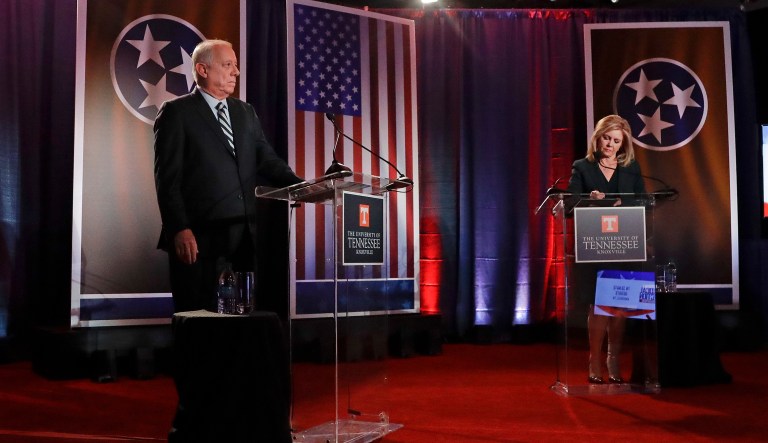 Democratic candidate and former Gov. Phil Bredesen, left, and Republican U.S. Rep. Marsha Blackburn wait for the start of the Tennessee U.S. Senate debate at The University of Tennessee, Wednesday, Oct. 10, 2018, in in Knoxville, Tenn.